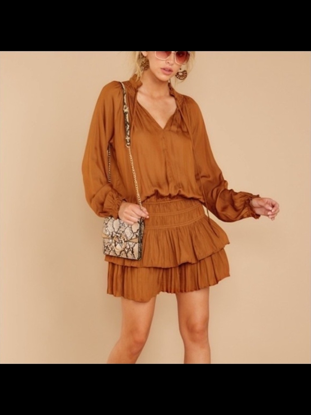 Mustard Seed Rust Tiered Long-Sleeve Mini Dress